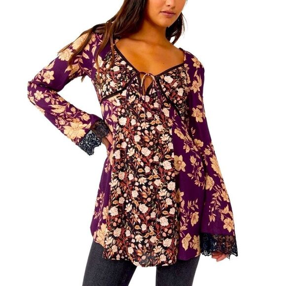 NWT Free People Odette Printed Tunic / Espresso Combo Size M - Picture 1 of 6